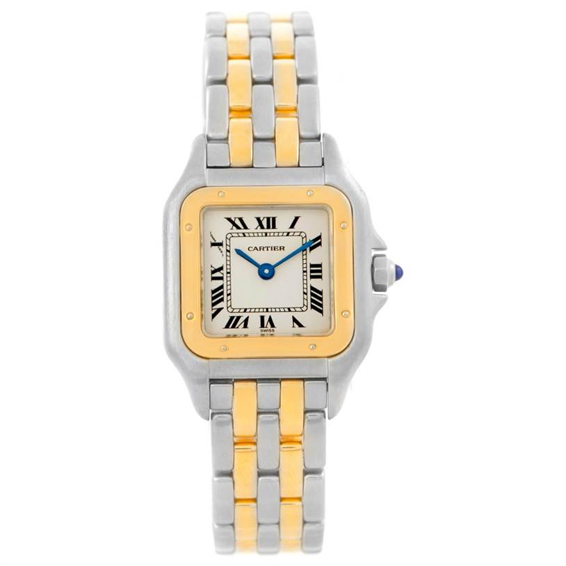 The image shows a front view of the Cartier Panthere W25029B6 Women
s Stainless Steel Silver Dial W25029B6 Women
s Stainless Steel Silver Dial watch, highlighting its two-tone bracelet and square face with Roman numerals.