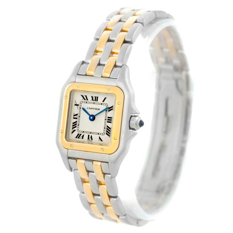 The image shows a Cartier Panthere W25029B6 Women
s Stainless Steel Silver Dial W25029B6 Women
s Stainless Steel Silver Dial watch from an angled front view, highlighting the face, bezel, and two-tone bracelet.