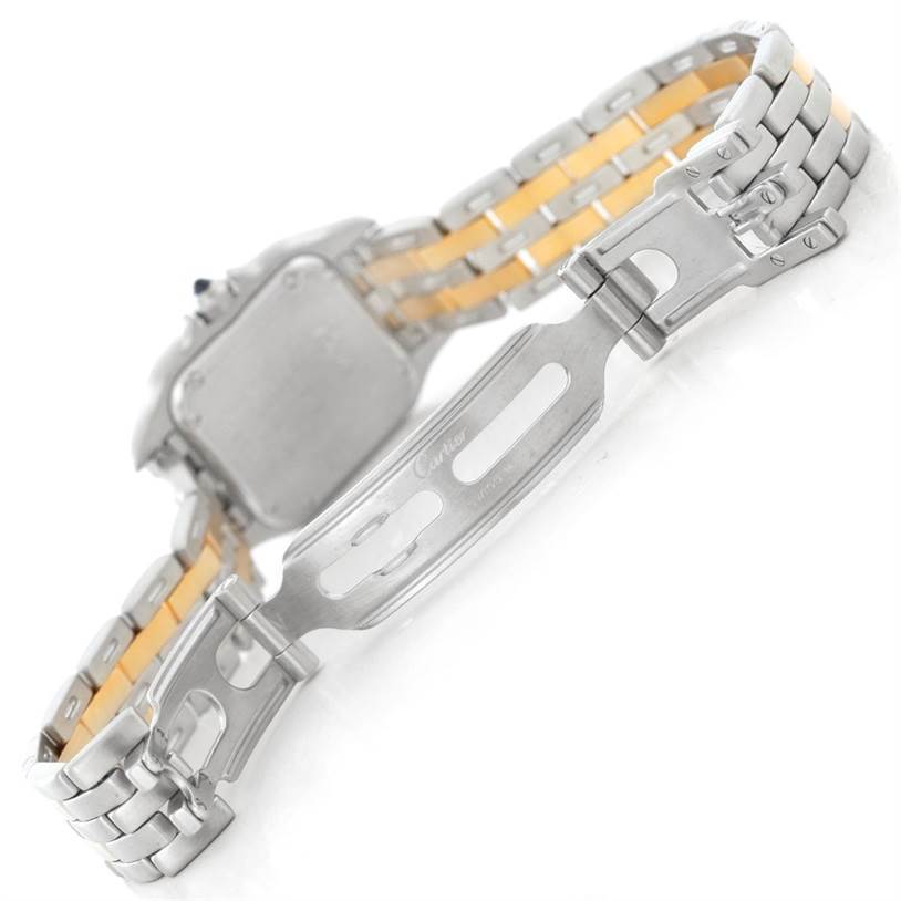 This image shows the rear view of the Panthere model by Cartier, focusing on the clasp and part of the bracelet.