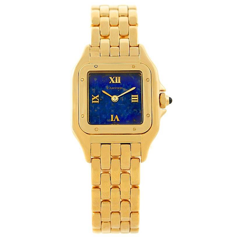 The image shows the full face and gold bracelet of the Cartier Panthère watch, displayed directly from the top.