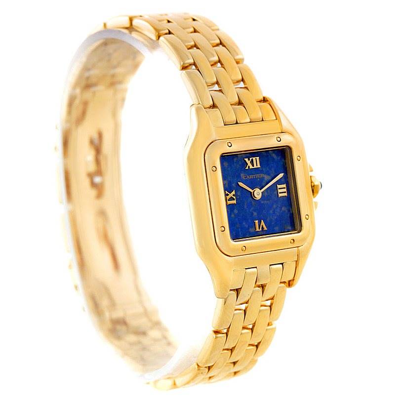 This image shows a Cartier Panthere W25022B9 Women's Yellow Gold Blue Dial W25022B9 Women's Yellow Gold Blue Dial watch at an angled view, highlighting the face, bezel, and linked bracelet.