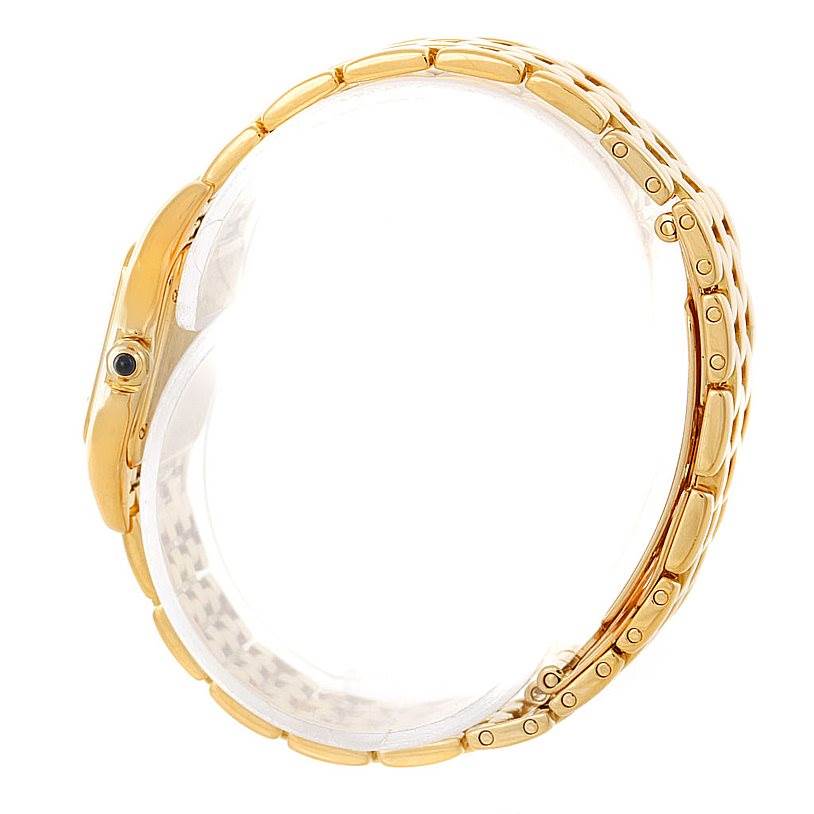 This image shows a side view of the Cartier Panthere W25022B9 Women's Yellow Gold Blue Dial W25022B9 Women's Yellow Gold Blue Dial model, highlighting its gold bracelet and case profile.