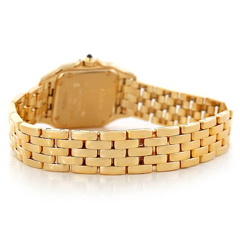 The image shows the back of the Cartier Panthere W25022B9 Women's Yellow Gold Blue Dial W25022B9 Women's Yellow Gold Blue Dial watch, highlighting its gold bracelet and case back.