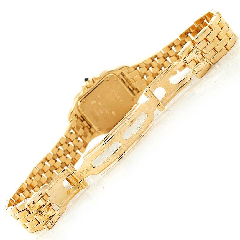 The image shows the bracelet and clasp of a Panthere model watch by Cartier, viewed from the back.