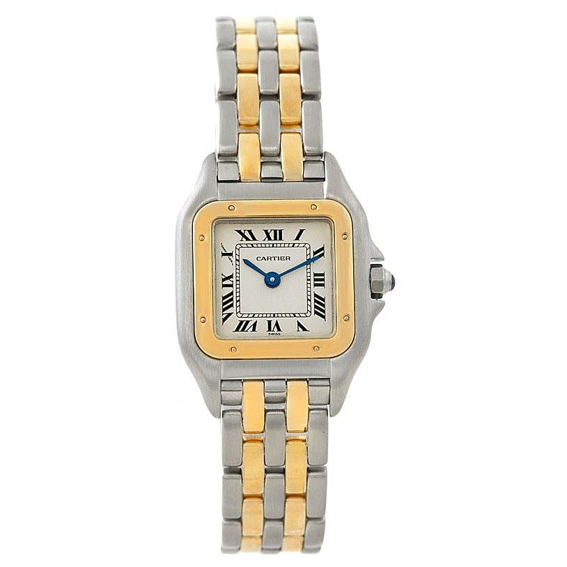 This image shows a frontal view of a Cartier Panthère watch, highlighting the dial, bezel, and two-tone bracelet.