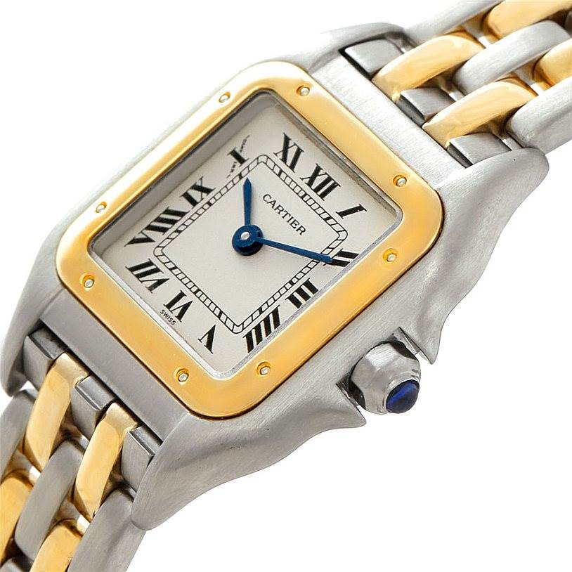 This image shows a close-up angle of a Cartier Panthere W25029B6 Women
s Stainless Steel Silver Dial W25029B6 Women
s Stainless Steel Silver Dial model watch, highlighting the face, bezel, crown, and part of the bracelet.