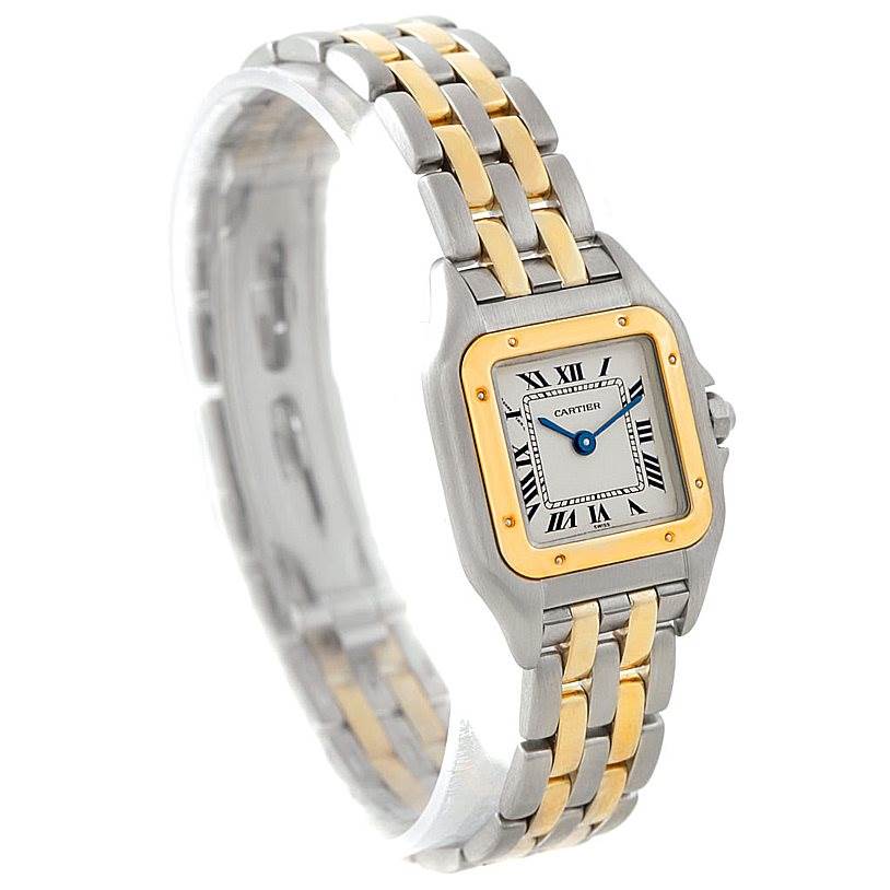 The image shows a Cartier Panthere W25029B6 Women
s Stainless Steel Silver Dial W25029B6 Women
s Stainless Steel Silver Dial watch with a rectangular dial and a two-tone metal bracelet from a slightly angled view.
