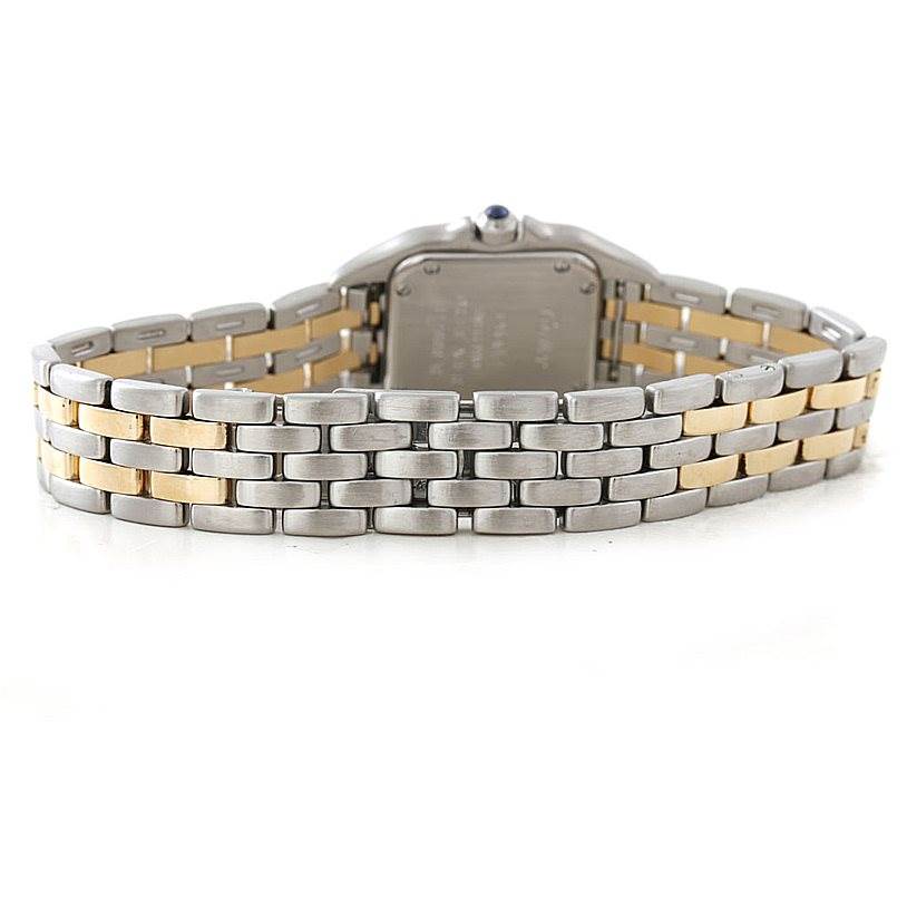 The image shows the back angle of the Cartier Panthere W25029B6 Women
s Stainless Steel Silver Dial W25029B6 Women
s Stainless Steel Silver Dial watch, highlighting its two-tone bracelet and case back.