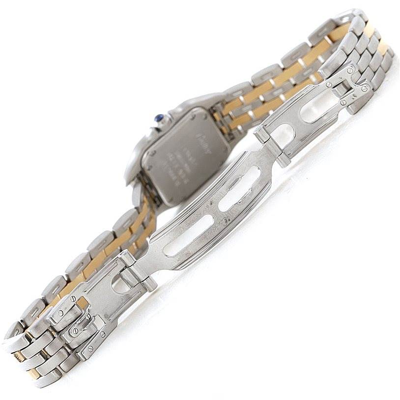 This image shows the back and clasp of the Cartier Panthere W25029B6 Women
s Stainless Steel Silver Dial W25029B6 Women
s Stainless Steel Silver Dial watch, highlighting its two-tone bracelet.