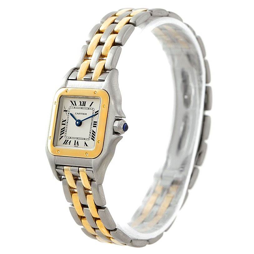 The image shows a Panthere model by Cartier from a slight side angle, highlighting the two-tone bracelet and square case.