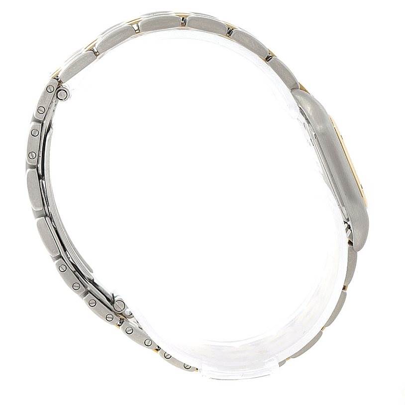 The image shows a side view of the Cartier Panthère watch, focusing on its stainless steel and gold bracelet.