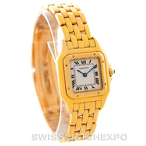 This image shows a Cartier Panthere W25022B9 Women's Yellow Gold Silver Dial W25022B9 Women's Yellow Gold Silver Dial model watch at a three-quarter angle, displaying the face, bezel, and bracelet.