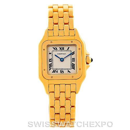 The image shows a front view of a Cartier Panthere W25022B9 Women's Yellow Gold Silver Dial W25022B9 Women's Yellow Gold Silver Dial watch, featuring the dial and a gold bracelet.