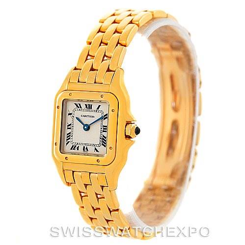 This image shows a Cartier Panthere W25022B9 Women's Yellow Gold Silver Dial W25022B9 Women's Yellow Gold Silver Dial model watch from an angled side view, highlighting the band and face.