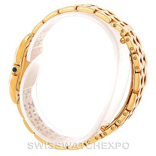 The image shows a side view of the Cartier Panthere W25022B9 Women's Yellow Gold Silver Dial W25022B9 Women's Yellow Gold Silver Dial watch, highlighting the gold bracelet and case with a visible crown.