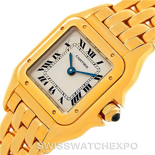 This image shows a close-up view of the Cartier Panthere W25022B9 Women's Yellow Gold Silver Dial W25022B9 Women's Yellow Gold Silver Dial watch, highlighting the gold bracelet, face with Roman numerals, and blue hands.
