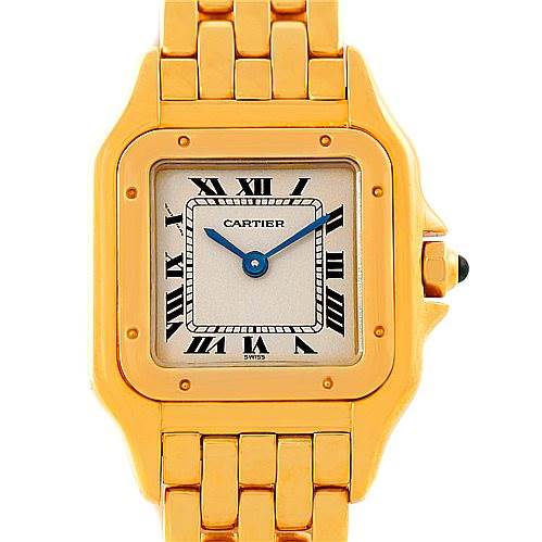 The image shows a frontal view of the Cartier Panthere W25022B9 Women's Yellow Gold Silver Dial W25022B9 Women's Yellow Gold Silver Dial watch, highlighting its face, bezel, and part of the bracelet.