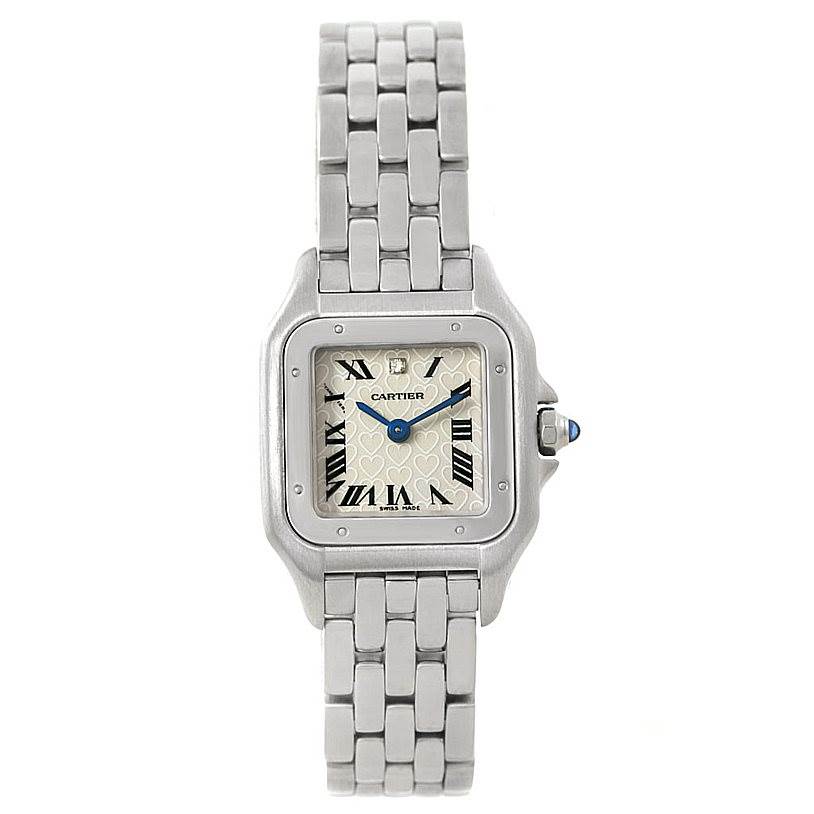 The Cartier Panthere W25033P5 Women's Stainless Steel Silver Dial W25033P5 Women's Stainless Steel Silver Dial watch is shown from a top-down angle, displaying its square face, Roman numerals, and bracelet.
