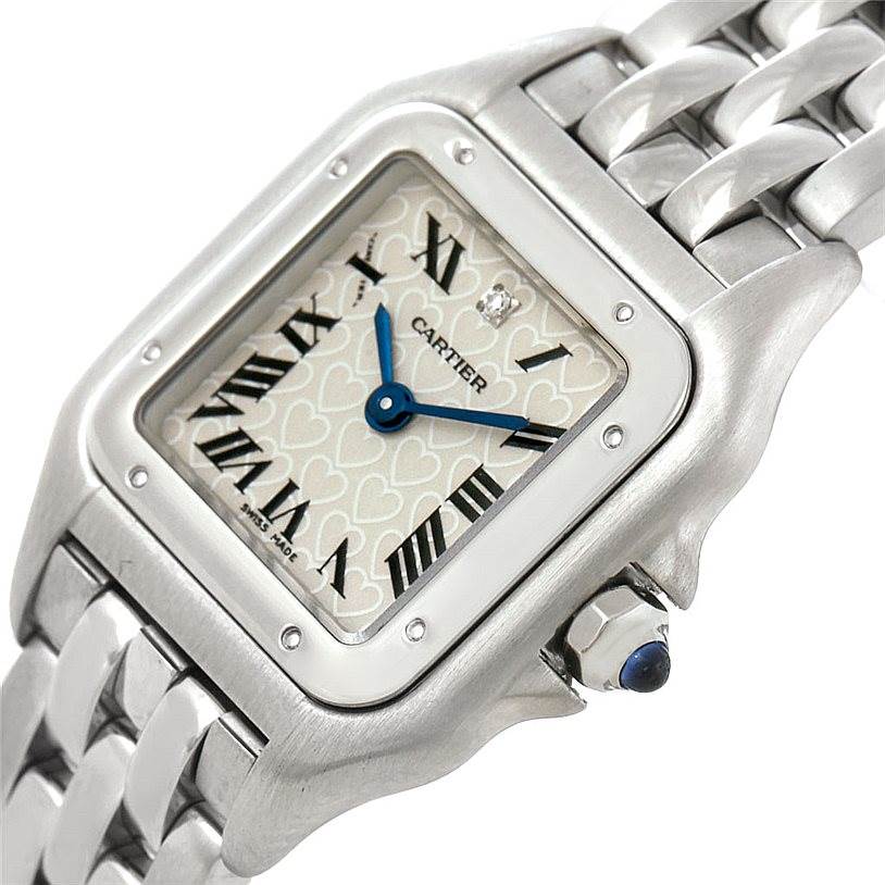 The image shows a close-up of the Cartier Panthere W25033P5 Women's Stainless Steel Silver Dial W25033P5 Women's Stainless Steel Silver Dial model watch face and part of the metal bracelet.