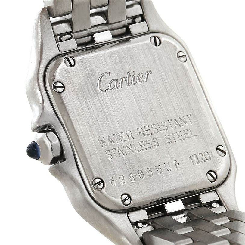 The image shows the back case and part of the bracelet of a Cartier Panthere W25033P5 Women's Stainless Steel Silver Dial W25033P5 Women's Stainless Steel Silver Dial watch at an angled view.