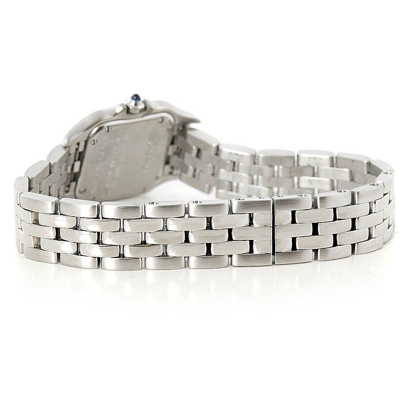 The Cartier Panthere W25033P5 Women's Stainless Steel Silver Dial W25033P5 Women's Stainless Steel Silver Dial watch is shown from the rear, highlighting its stainless steel bracelet and case back.