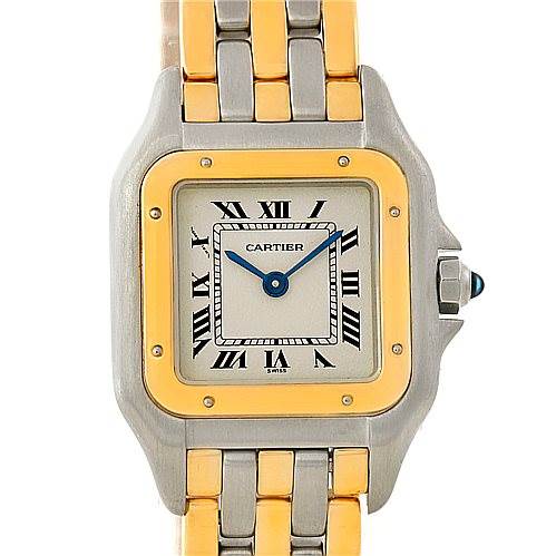 This image shows a frontal view of a Cartier Panthère watch, highlighting its square dial, two-tone metal bracelet, and signature blue cabochon crown.