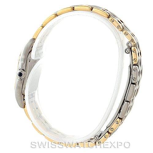 The image shows a side profile of the Cartier Panthere W25029B6 Women
s Stainless Steel Silver Dial W25029B6 Women
s Stainless Steel Silver Dial watch, highlighting the two-tone metal bracelet and crown.