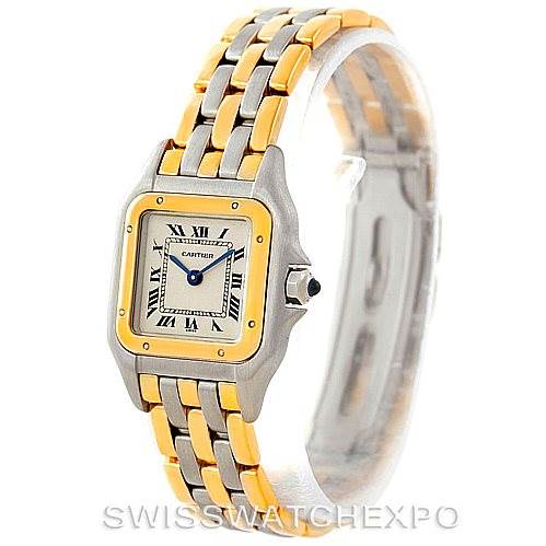 This image shows a Cartier Panthere W25029B6 Women
s Stainless Steel Silver Dial W25029B6 Women
s Stainless Steel Silver Dial watch at a side angle, highlighting its gold and steel bracelet and square face with Roman numerals.