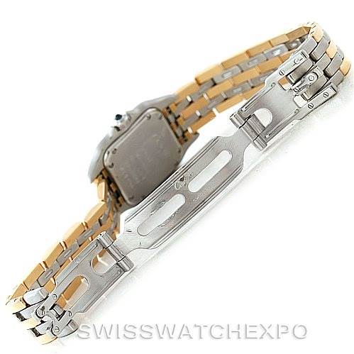 The image shows the clasp and the back of the band of a Cartier Panthere W25029B6 Women
s Stainless Steel Silver Dial W25029B6 Women
s Stainless Steel Silver Dial watch, highlighting its two-tone metal design.