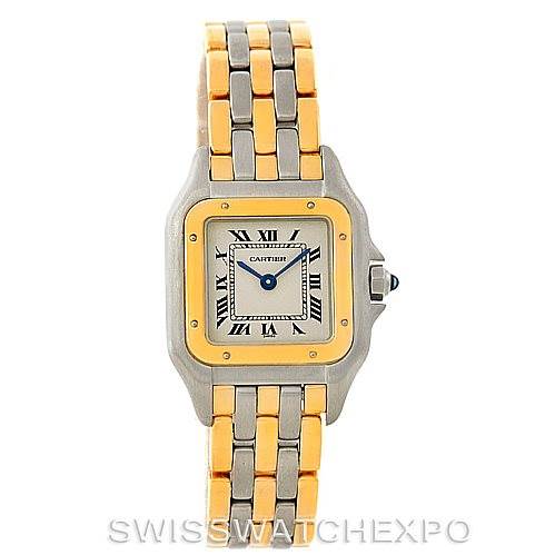 This image shows a full, front-facing view of a Panthere model watch by Cartier.