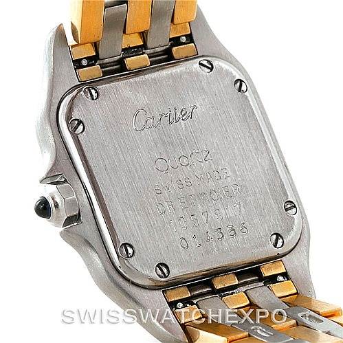 The image shows the back case and part of the bracelet of a Cartier Panthere W25029B6 Women
s Stainless Steel Silver Dial W25029B6 Women
s Stainless Steel Silver Dial model watch, featuring a quartz movement.