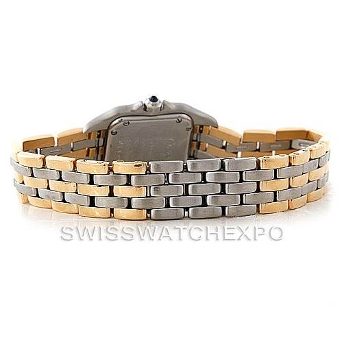 The image shows the back view of a Cartier Panthere W25029B6 Women
s Stainless Steel Silver Dial W25029B6 Women
s Stainless Steel Silver Dial watch, highlighting its two-tone metal bracelet.