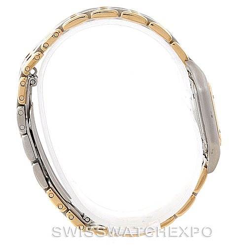 This Cartier Panthere W25029B6 Women
s Stainless Steel Silver Dial W25029B6 Women
s Stainless Steel Silver Dial model watch is shown from a side angle, highlighting its bi-metal bracelet and case.