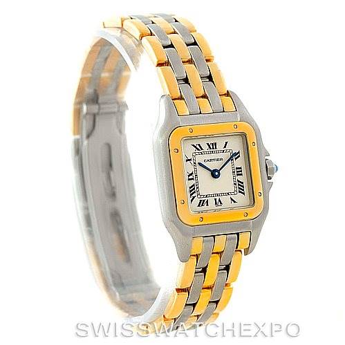 The image shows the Panthere model by Cartier from a side angle, highlighting its two-tone bracelet and square dial.