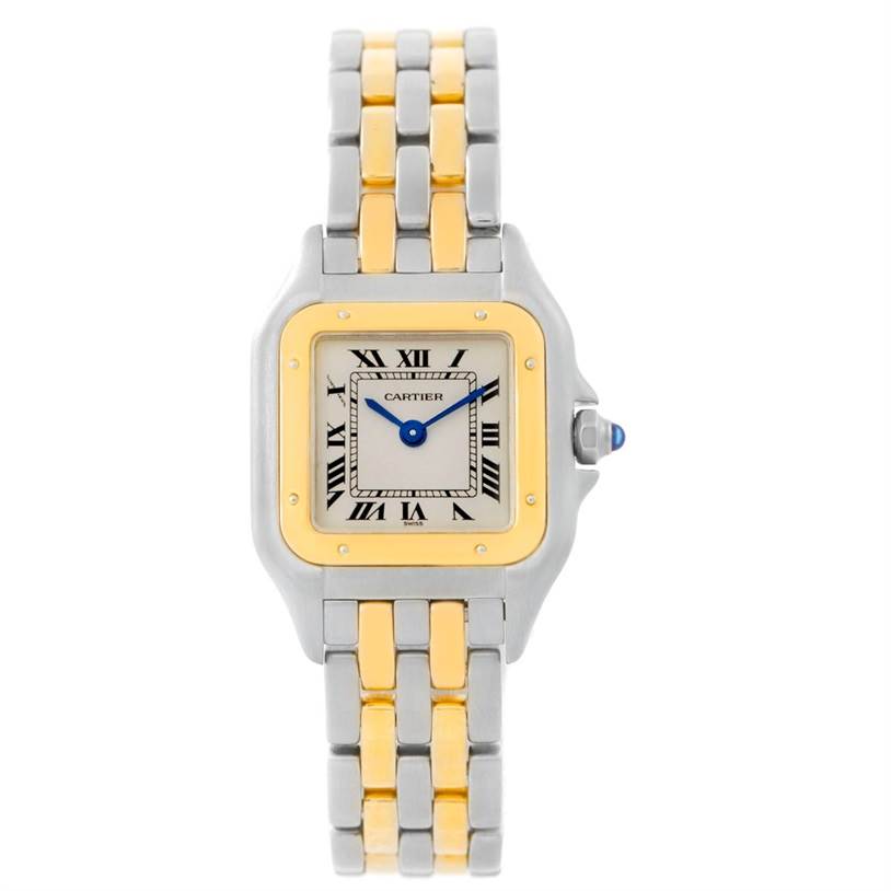 The Cartier Panthere W25029B6 Women
s Stainless Steel Silver Dial W25029B6 Women
s Stainless Steel Silver Dial watch is shown from the front, displaying its dial, bezel, and part of its two-tone bracelet.