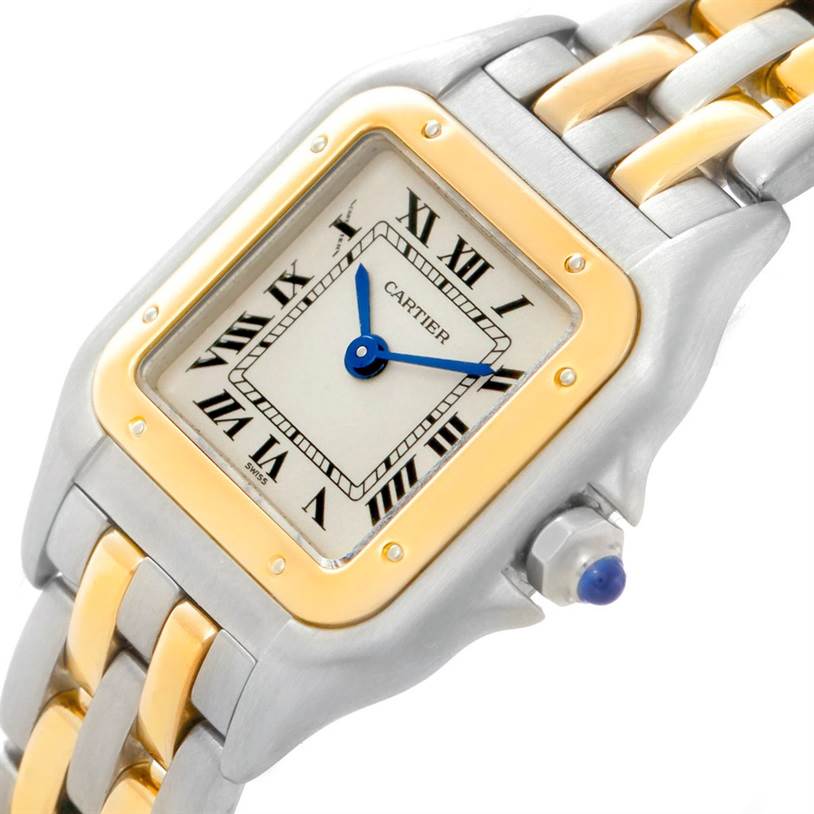 This image shows a close-up angled view of the Cartier Panthere W25029B6 Women
s Stainless Steel Silver Dial W25029B6 Women
s Stainless Steel Silver Dial watch face, bezel, crown, and part of the bracelet.