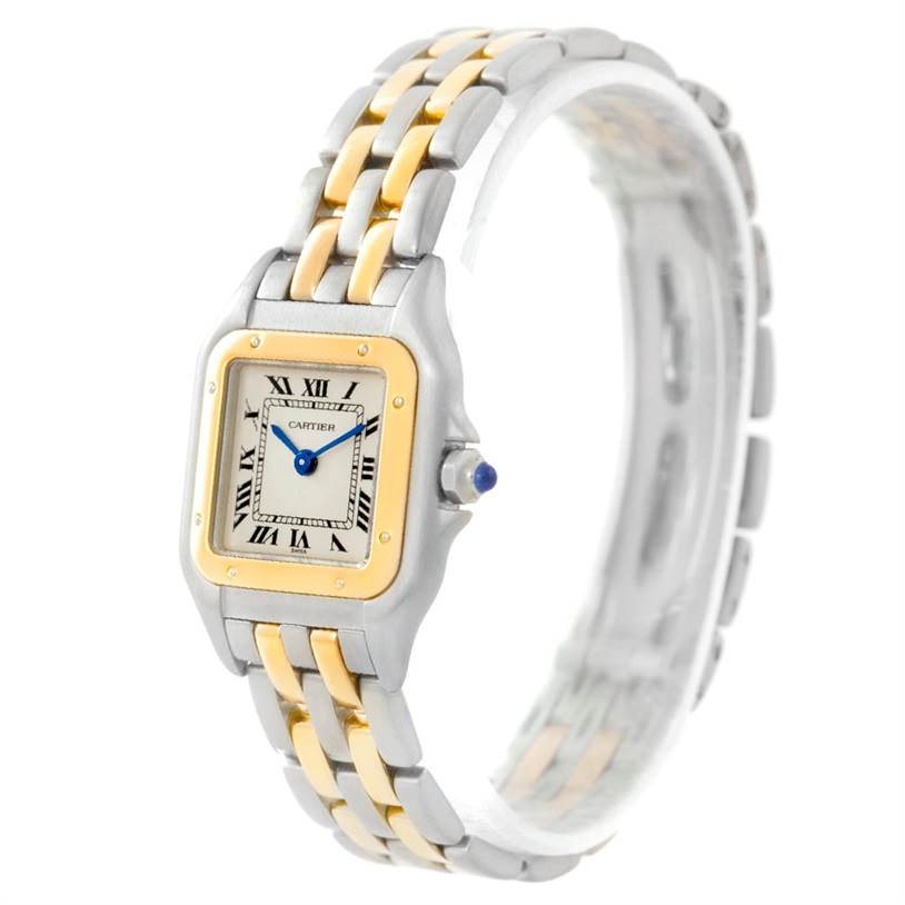 This image shows a side angle of a Cartier Panthère watch, highlighting its gold and silver mixed metal bracelet and square face with Roman numerals.