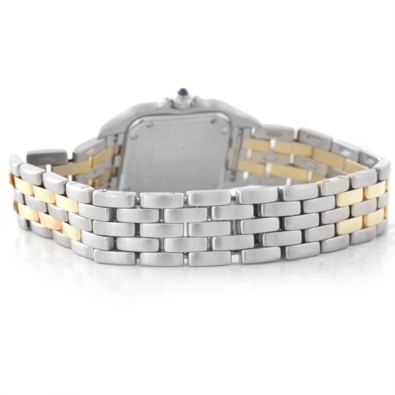 This image shows the back view of the case and the two-tone bracelet of a Cartier Panthere W25029B6 Women
s Stainless Steel Silver Dial W25029B6 Women
s Stainless Steel Silver Dial watch.