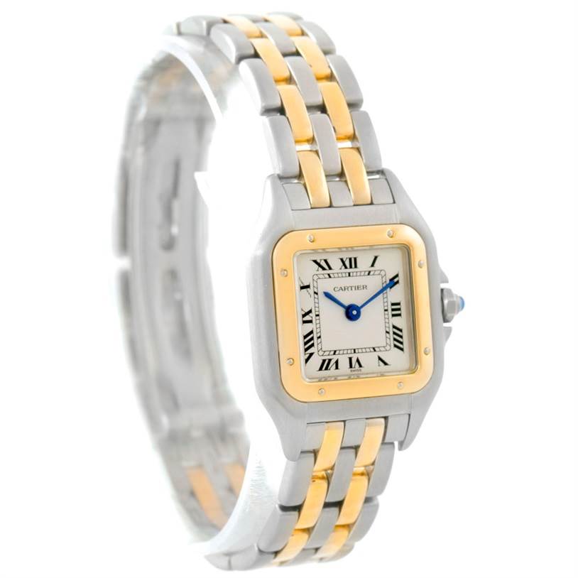 The Cartier Panthere W25029B6 Women
s Stainless Steel Silver Dial W25029B6 Women
s Stainless Steel Silver Dial watch is shown at a slightly tilted angle, displaying its two-tone bracelet and rectangular dial with Roman numerals.