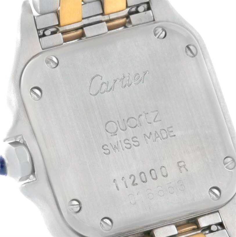 The image shows the back case and part of the bracelet of a Cartier Panthere W25029B6 Women
s Stainless Steel Silver Dial W25029B6 Women
s Stainless Steel Silver Dial model watch.