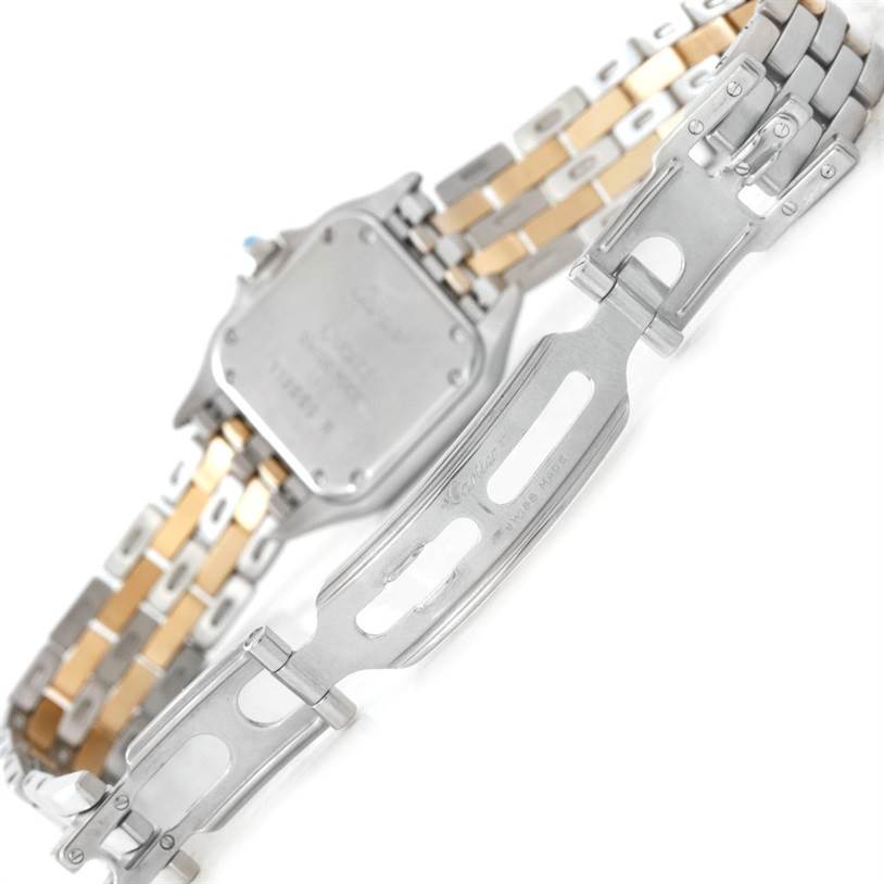 This image shows the back of the Cartier Panthere W25029B6 Women
s Stainless Steel Silver Dial W25029B6 Women
s Stainless Steel Silver Dial watch and its opened deployment clasp.