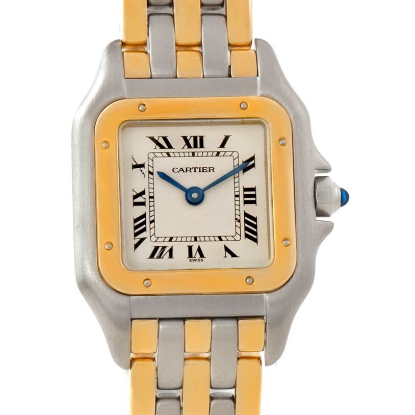 The image shows a front view of a Cartier Panthere W25029B6 Women
s Stainless Steel Silver Dial W25029B6 Women
s Stainless Steel Silver Dial watch, displaying its face, bezel, and part of the bracelet.