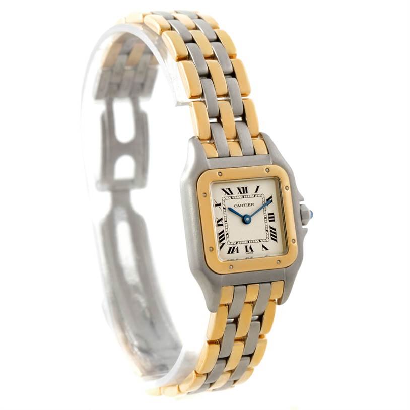 The image shows a Panthere model by Cartier watch at an angled side view, highlighting its two-tone bracelet and square face.