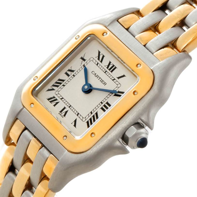 This image shows a close-up view of the Cartier Panthere W25029B6 Women
s Stainless Steel Silver Dial W25029B6 Women
s Stainless Steel Silver Dial watch face and part of the bracelet.