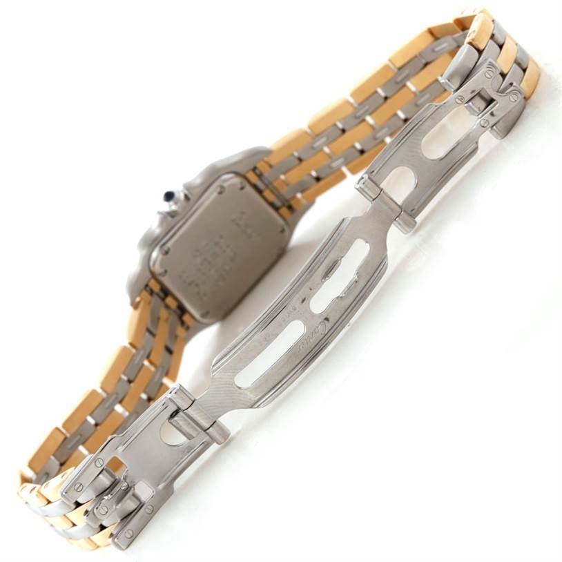 The image shows the clasp and backside of the band of a Cartier Panthere W25029B6 Women
s Stainless Steel Silver Dial W25029B6 Women
s Stainless Steel Silver Dial watch.