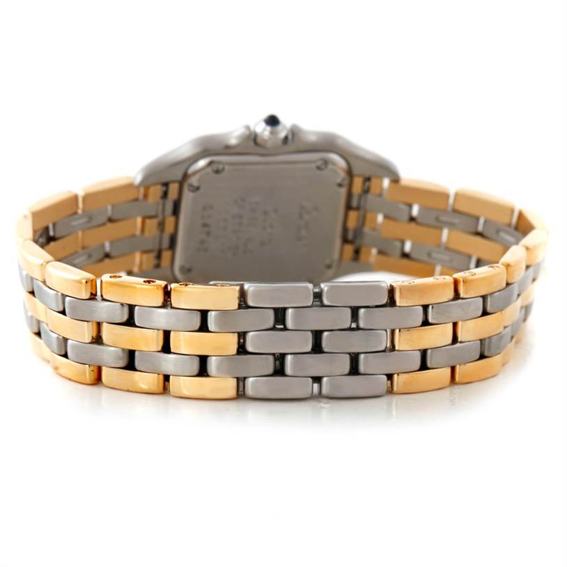 This image shows the back of the Cartier Panthere W25029B6 Women
s Stainless Steel Silver Dial W25029B6 Women
s Stainless Steel Silver Dial watch, highlighting its two-tone metal bracelet and case back.