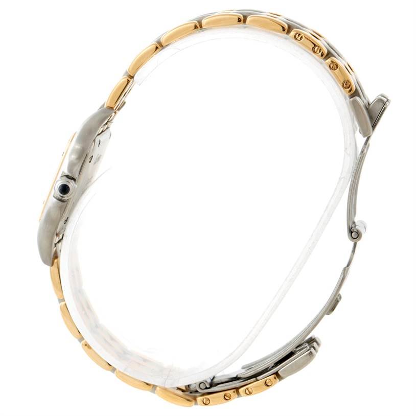 The image shows a side view of the Cartier Panthere W25029B6 Women
s Stainless Steel Silver Dial W25029B6 Women
s Stainless Steel Silver Dial model watch, highlighting its gold and silver bracelet and side profile of the case.