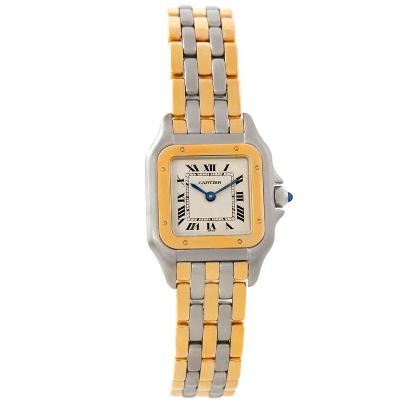 The image shows a Cartier Panthere W25029B6 Women
s Stainless Steel Silver Dial W25029B6 Women
s Stainless Steel Silver Dial watch from a top-down angle, displaying its dial, bezel, and two-tone metal bracelet.