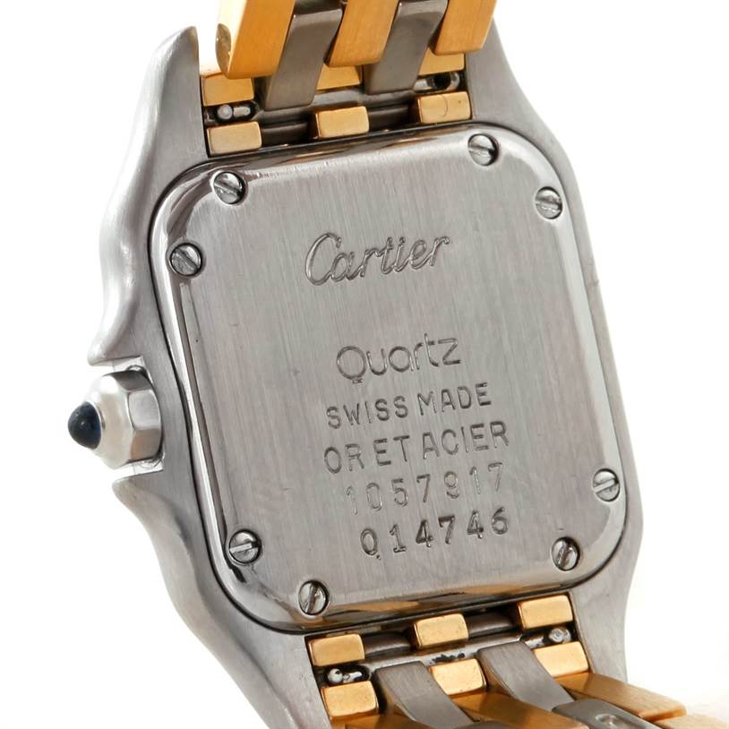 The image shows the back case and part of the gold and silver bracelet of a Cartier Panthere W25029B6 Women
s Stainless Steel Silver Dial W25029B6 Women
s Stainless Steel Silver Dial watch.