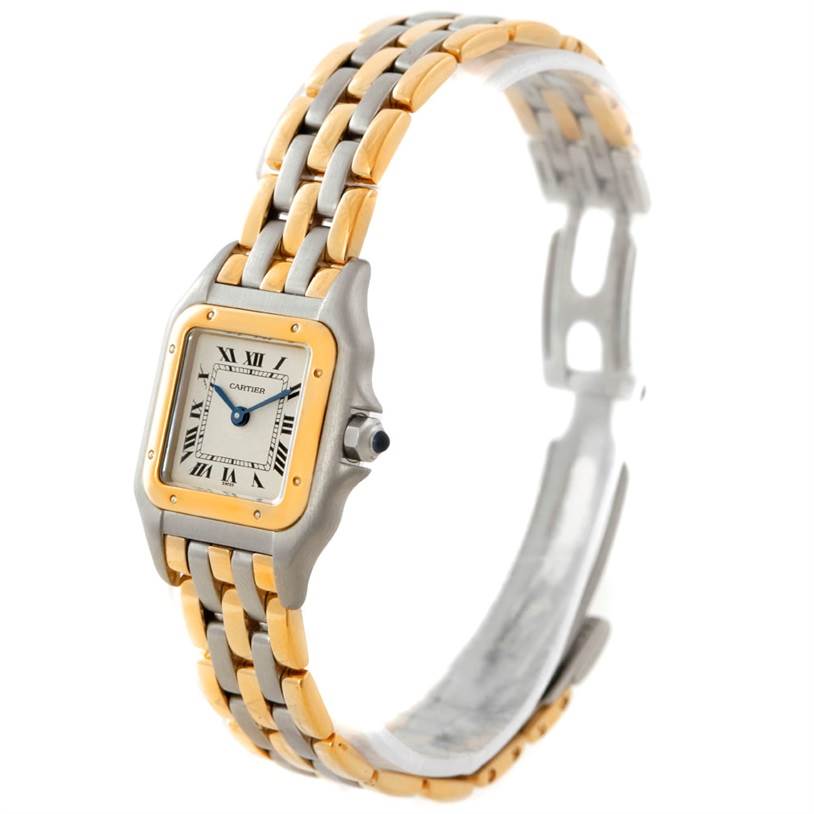 The image shows a Cartier Panthere W25029B6 Women
s Stainless Steel Silver Dial W25029B6 Women
s Stainless Steel Silver Dial watch displaying its dial, bezel, crown, and bracelet from a slight angle.